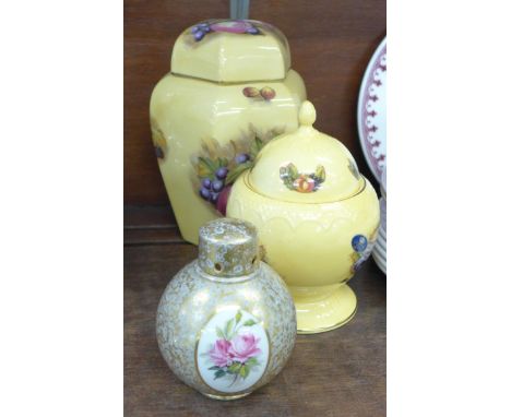 Two Aynsley Orchard Gold lidded jars and a Royal Worcester lidded vase, signed F.J. Bray, lid a/f