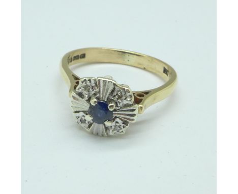 A 9ct gold, sapphire and diamond cluster ring, 2.8g, M