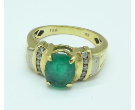 An 18ct gold, diamond and emerald ring, 8.4g, R