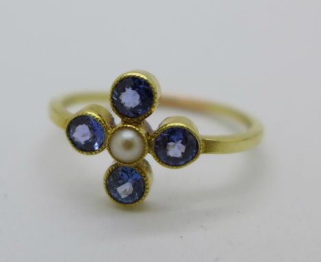 A yellow metal, blue stone and pearl ring, 2.3g, P