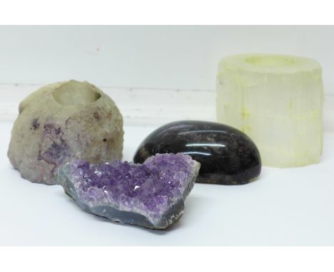 An amethyst quartz sample, a Blue John sample and two others