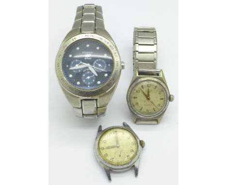 Two gentleman's Rotary wristwatches and a gentleman's Fossil blue wristwatch