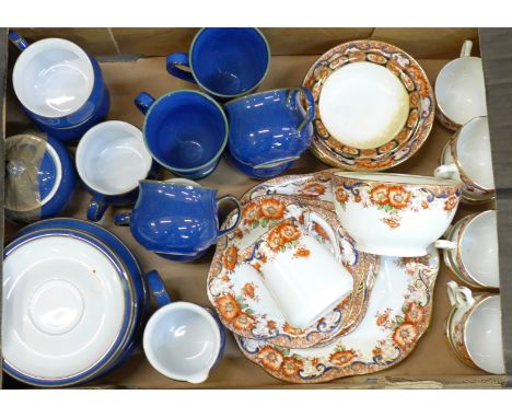 A Fenton Paladin china tea set and Denby blue cups, saucers, cream and sugar, etc.