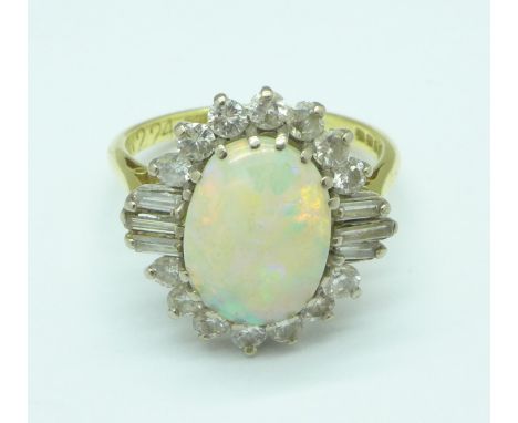 An 18ct gold, opal and diamond Art Deco ring, 4.7g, opal 12mm x 9mm, N