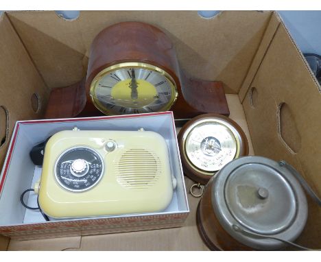 An H. Samuel Westminster chime mantel clock, oak biscuit barrel, barometer and retro radio