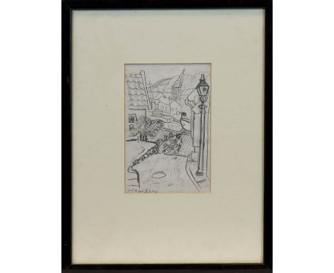 * PETER HOWSON OBE,ROAD TO THE CANALpencil on paper, signed17cm x 11cmMounted, framed and under glass