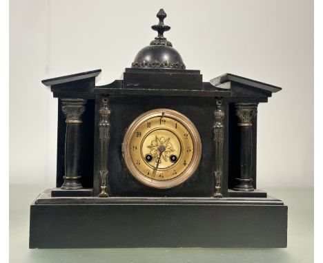 A Victorain slate mantle clock in pavillion style with domed top, with gilt circular face, loss of glass cover. (h-36cm l-37c