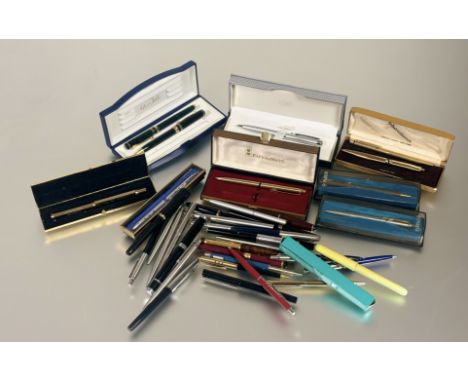A large vintage collection of Parker to include ballpoint stainless steel pens, fountain pens as well as other makes etc (a l