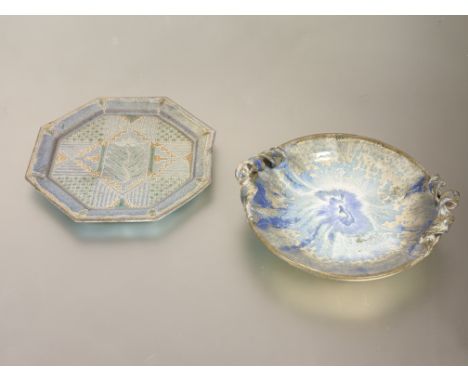 A studio pottery dish with twisted twin handles to side with blue and green speckled glaze (w-29cm) together with a persian t