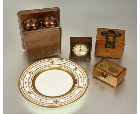 A collection of various wares comprising, an early 20th century Seth Thomas alarm clock raised on brass bracket feet (h. 10cm