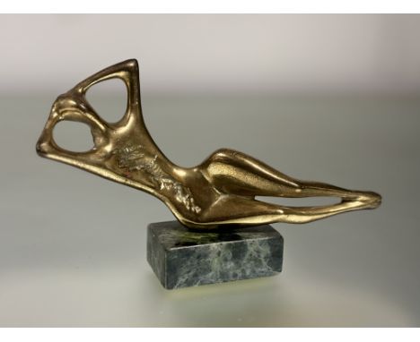 Continental School 20thc bronze of a reclined nude figure with arms to head, raised on a green marble base, initialled TG ver