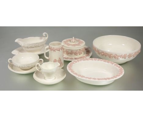 A 1950's Wedgwood Etruria/Barlaston pink and cream embossed queensware comprising, a salad bowl (h-9cm w-25cm), an oval servi