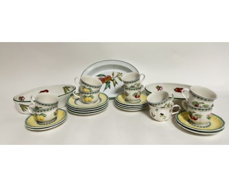 A Villeroy &amp; Boch part tea service comprising, a set of five coffee cups decorated with cherries and flowers and a green 