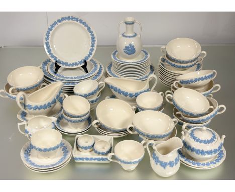 A Wedgwood 1950's and later Etruria/Barlaston cream embossed queensware part service comprising, thirteen twin handled soup b