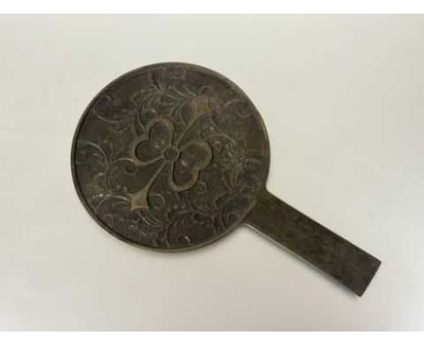 A Japanese Meiji Tekami bronze hand mirror signed to left side: h. x 25cm x d. x 15cm