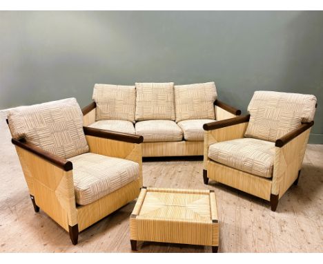 John Hutton for Donghia Merbeau three piece suite, comprising a three seat sofa 76.5cm x 187cm x 86cm, and two armchairs 76.5