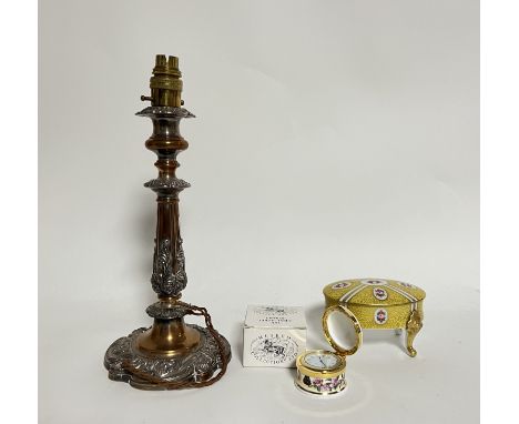 A Sheffield plate candlestick converted into a lamp with felt to base and scroll decoration to body (h. 36cm), together with 