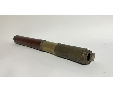 A 19thc brass and mahogany cased single draw telescope with slide out eye cover and lens cover: l. closed 52cm open l. x 63cm