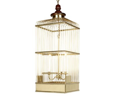 A Brass Bird Cage Lantern England circa 1900, with a central three light candelabra, the top with a turned wooden finial and 