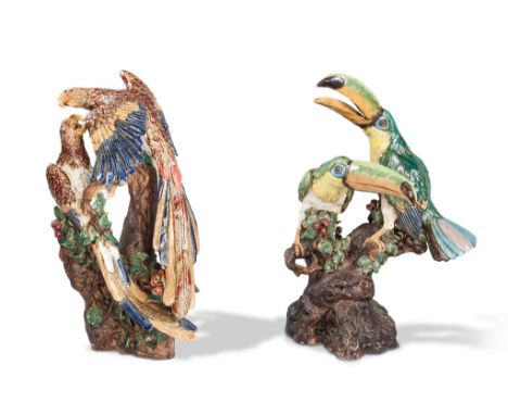 A Pair of Majolica Bird Groups Germany circa 1890, of toucans and parrots sculpted in tin-glazed earthenware, attributed to H