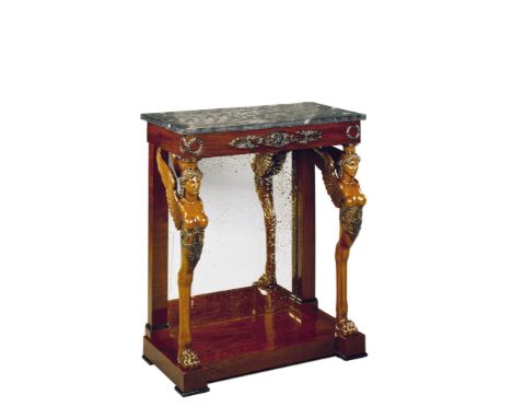 A Mahogany Console France  circa 1815, attributed to Charles-Joseph Lemarchand   (1758-1826),  the upper shelf supported by t