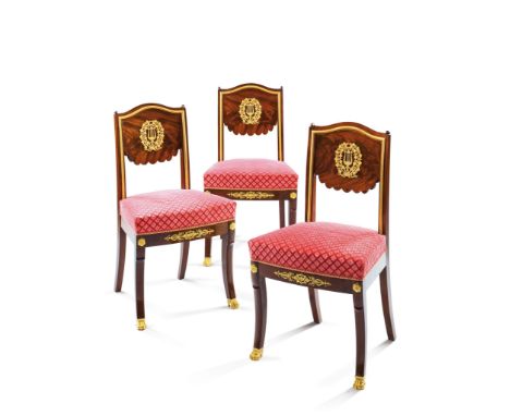 A Set of Six Empire Ormolu Mounted Chairs France circa 1810, in the manner of Jacob Desmalter, each having a domed back with 