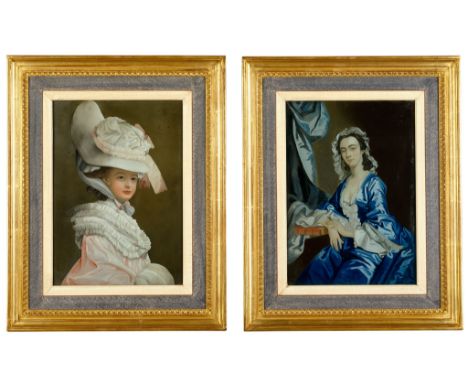 A Pair of Chinese Export Glass Paintings China circa 1790, the lady dressed in the bonnet is Lady Edward Bentinck (nee Cumber