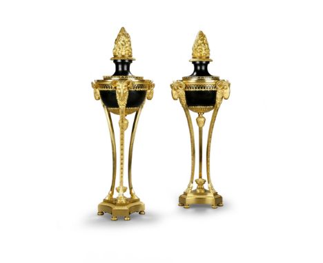 A Pair of Gilt Bronze Atheniennes Sweden circa 1820, the bronze patinated tô le covers are enriched with neo-classical gilt b