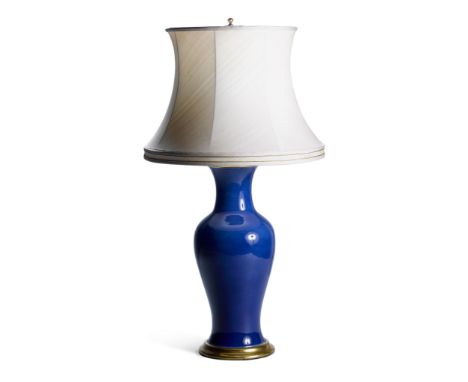 A Single Powder Blue Vase Mounted as a Lamp China circa 1880, of elegant baluster form, mounted as a lamp with bowed silk sha