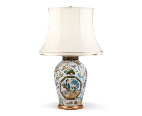 A Decalcomania Vase Mounted as a Lamp England / France circa 1880, of exceptional scale and with elaborate decoration on a pa