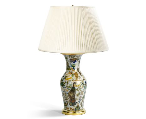 A Decalcomania Vase Mounted as a Lamp France circa 1850, decorated with polychrome chinoiseries on a off white ground, now mo