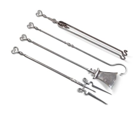 A Set of Four Polished Steel Fire Tools England circa 1880, aesthetic movement, comprising a pair of tongs, a shovel, a fork 