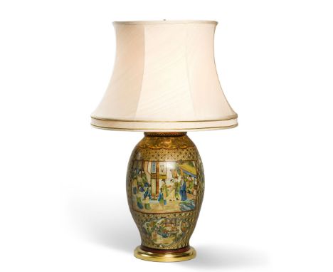 A Chinoiserie Terracotta Vase mounted as a lamp Italy circa 1760, decorated with a gilt lattice inset with vignettes showing 