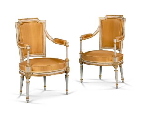 A Pair of Louis XVI Fauteuils France circa 1785, attributed to Claude Sené  II, the backs are coved and of a tapering rectang