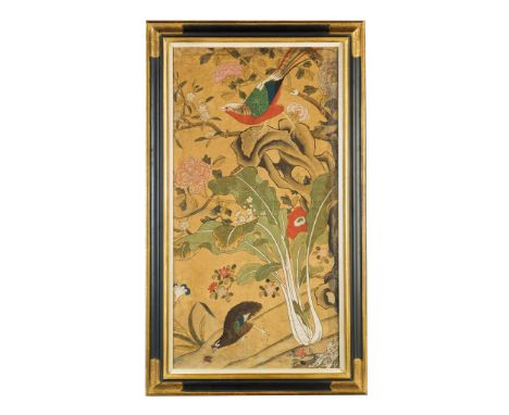 A Chinese Export Panel China circa 1790, depicting exotic birds including ducks and oriental pheasants amongst flowering bran