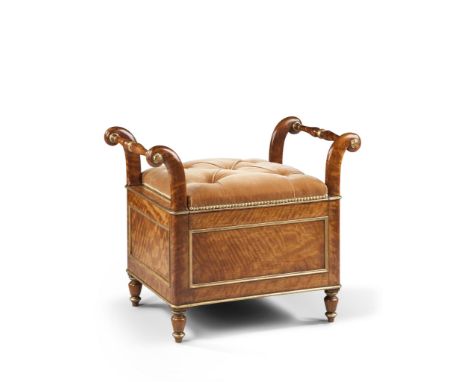 An Early 19th Century Satinwood Commode Stool England circa 1845, by Holland  &  Sons, upholstered in sienna velvet opening t
