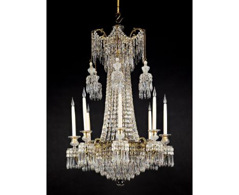 A Regency Cut Glass Chandelier England circa 1815, possibly by James Blades of London, with elaborate gilt metal mounts, the 