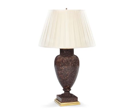 A Swedish Porphyry Vase Mounted as a Lamp Sweden circa 1810,  on a waisted foot supported on a square block plinth, now mount