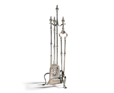 A Set of Polished Steel Fire Tools with Stand England circa 1800,  each engraved with neo-classical decoration of swags, pate