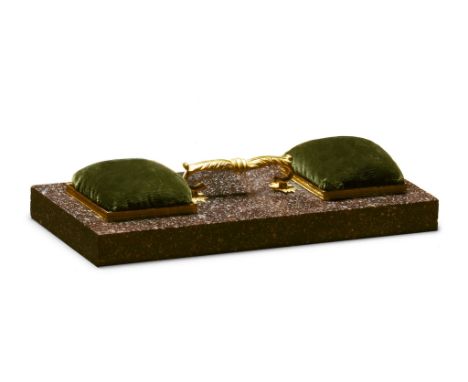 A Porphyry and Ormolu Pin Cushion Sweden circa 1800, taking the form of a rectangular block of porphyry with a finely chased 