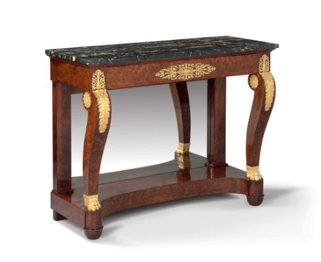 An Empire Mahogany Console Table France circa 1810,  throughout the veneers are of the finest quality and figuring, the table