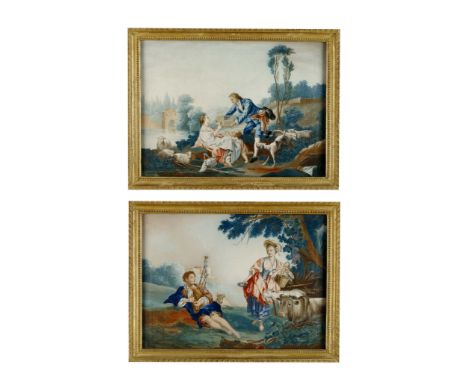 A Pair of Late 18th Chinese Export Oils After Boucher. China circa 1780, of fête champêtre after Boucher, one showing the gif