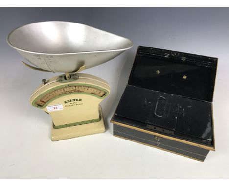 A vintage set of Salter No 30L cookery scales together with a cash box