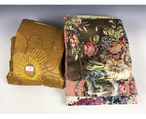 Vintage 1950s printed cotton fabric, together with a 1940s Pelaw quilted bedspread in gold 