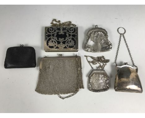 Five vintage silverplate and leather coin purses, including a patented 'German silver' example  