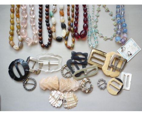 A quantity of vintage dress buckles including mother of pearl examples, together with sundry beaded necklaces 