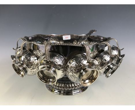 A Pinder Brothers Ltd electroplate punch bowl with ladle and six cups