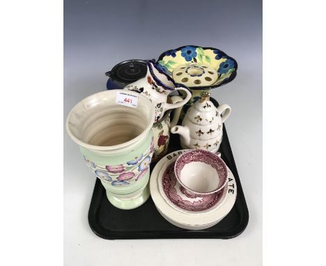 A Wedgwood biscuit barrel together with a Devon ware vase, a Royal Doulton jug, a Wade teapot and a Mason's Mandalay jug etc