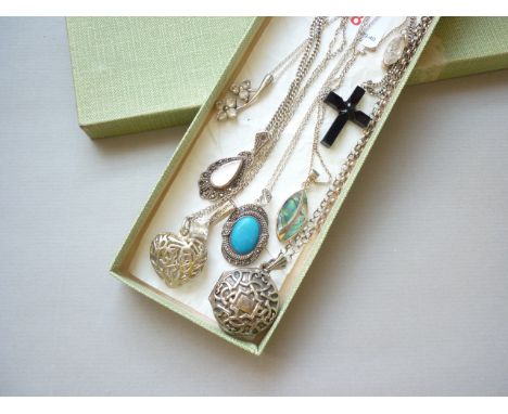 Nine vintage white metal pendant necklaces, stamped 925