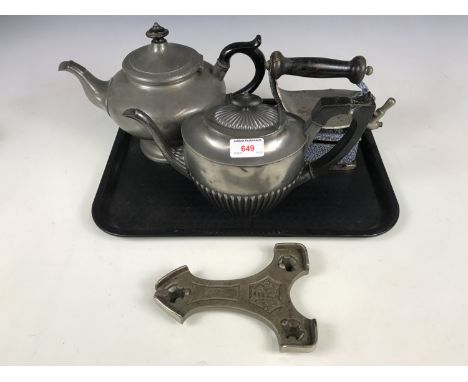 An electroplate EPBM teapot together with an antique iron etc